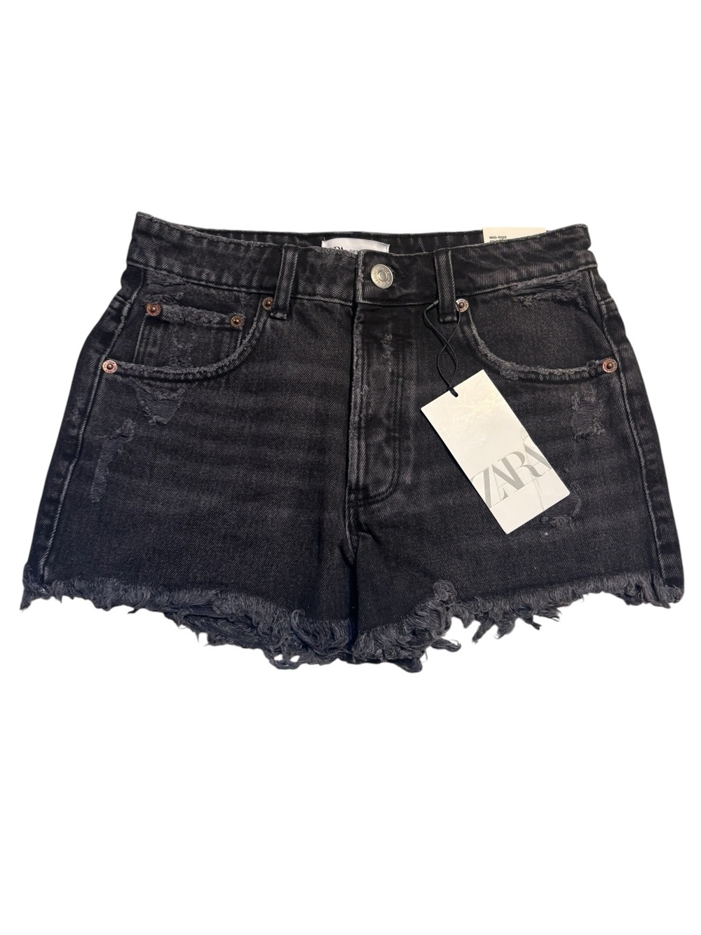 NWT Zara Denim Shorts Size 2 Black Mid-Rise Distressed Frayed Hems 100% Cotton